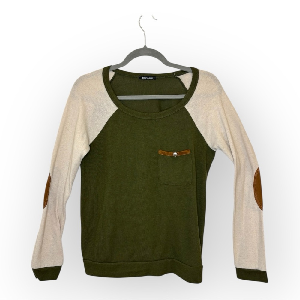 Pink Clover Olive Green Cream Raglan Sweater Suede Elbow Patches Academia Medium